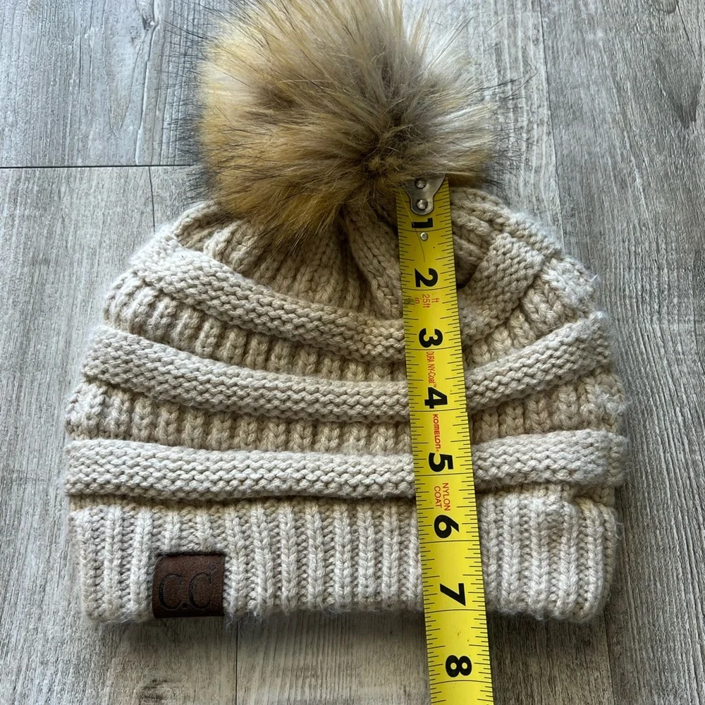 CC Beige Cable Knit Pom Pom Beanie Faux Fur Winter Hat Chunky OS
